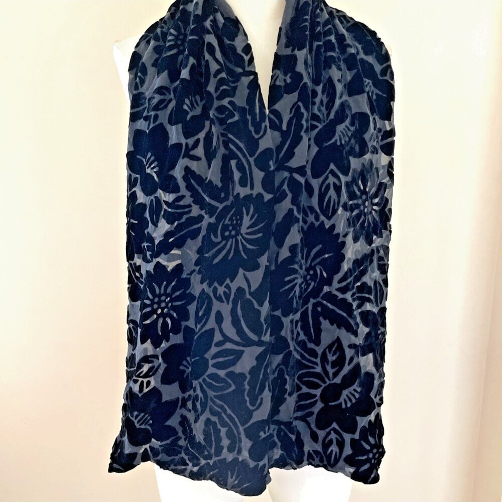 Cejon Burn Out Velvet Scarf Black Floral 100% Silk Rectangle 9"X 56" Whimsigoth